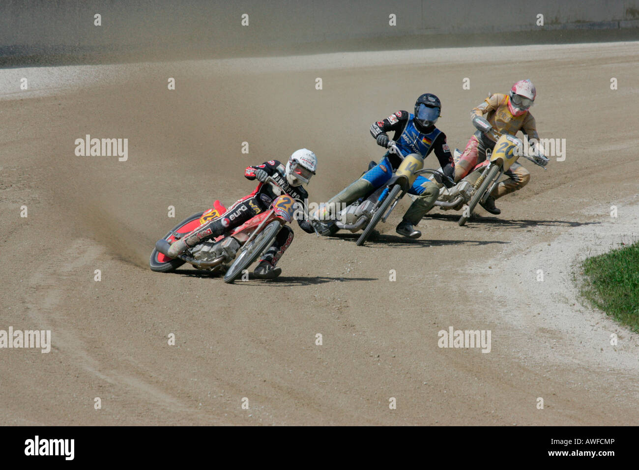 Short track race, international motorcycle race on a dirt track speedway in Muehldorf am Inn, Upper Bavaria, Bavaria, Germany,  Stock Photo