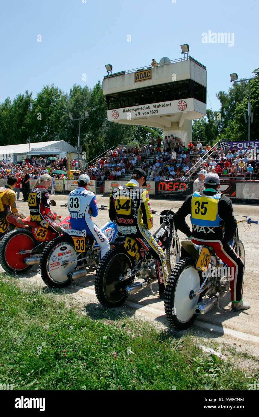 Short track race line-up, international motorcycle race on a dirt track speedway in Muehldorf am Inn, Upper Bavaria, Bavaria, G Stock Photo