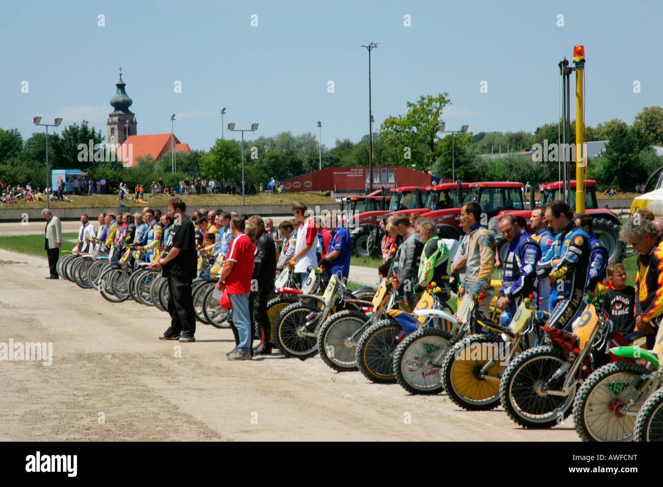 Short track race lineup, international motorcycle race on a dirt track speedway in Muehldorf am Inn, Upper Bavaria, Bavaria, Ge Stock Photo