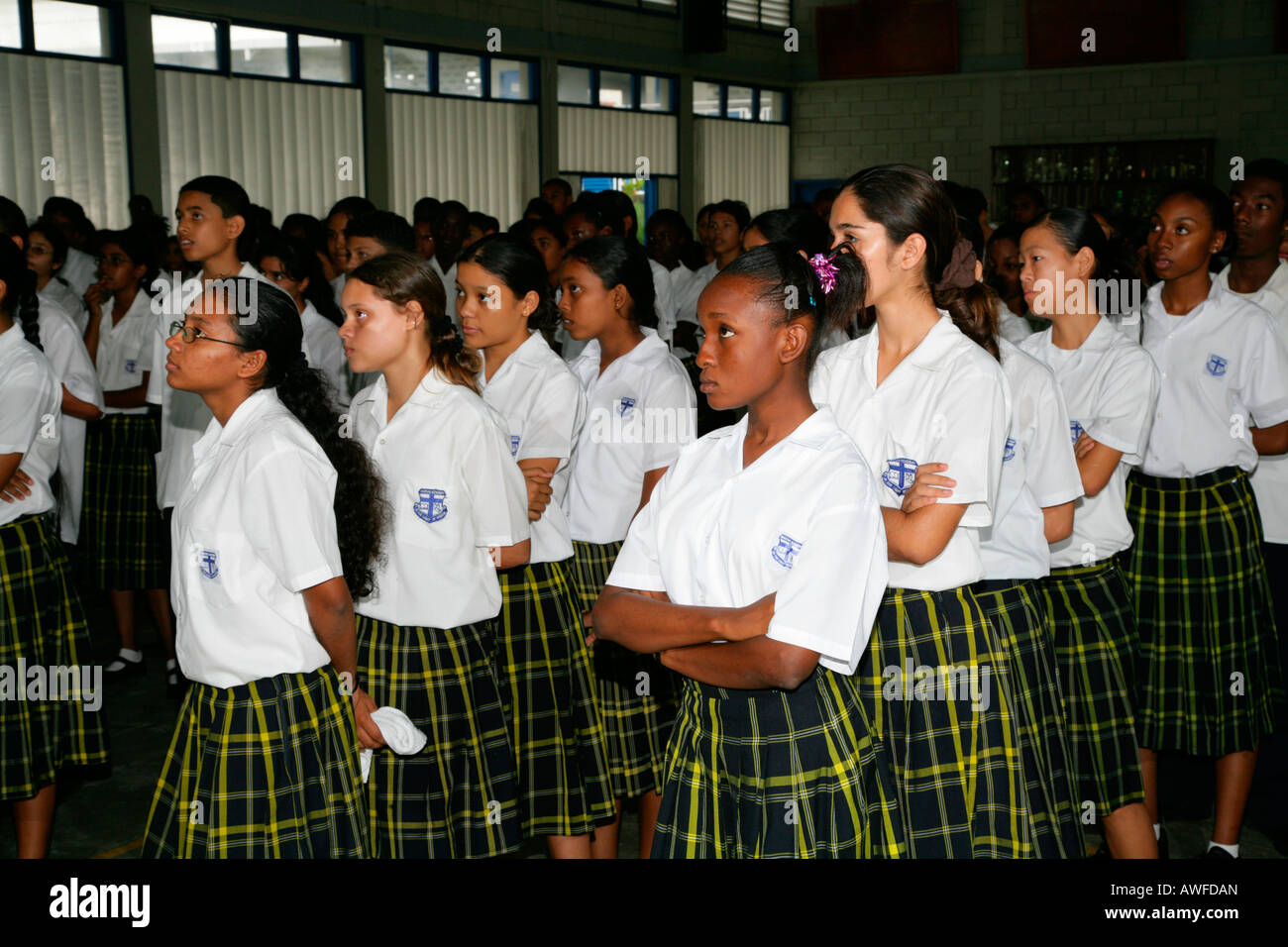 Students assembled in a room at an Ursuline convent and orphanage in Georgetown, Guyana, South America Stock Photo