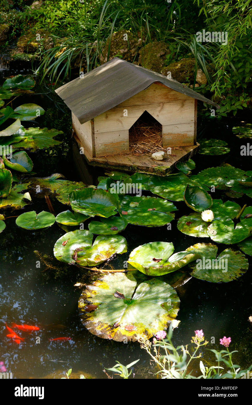 Goldfish pond and duck house in a garden, Upper Bavaria, Bavaria, Germany, Europe Stock Photo
