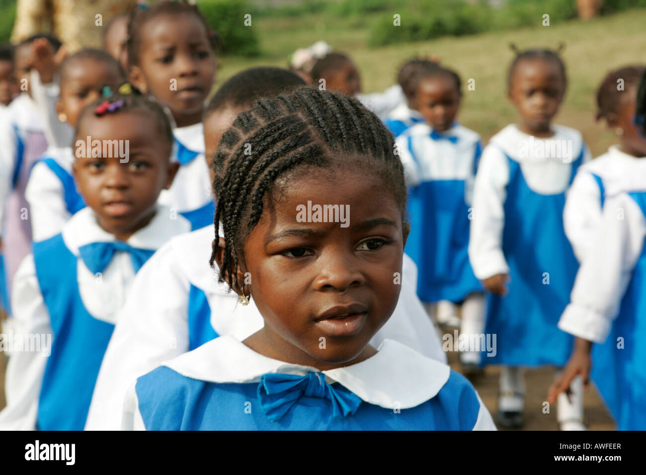 Kindergarten girls wearing uniforms, Cameroon, Africa Stock Photo