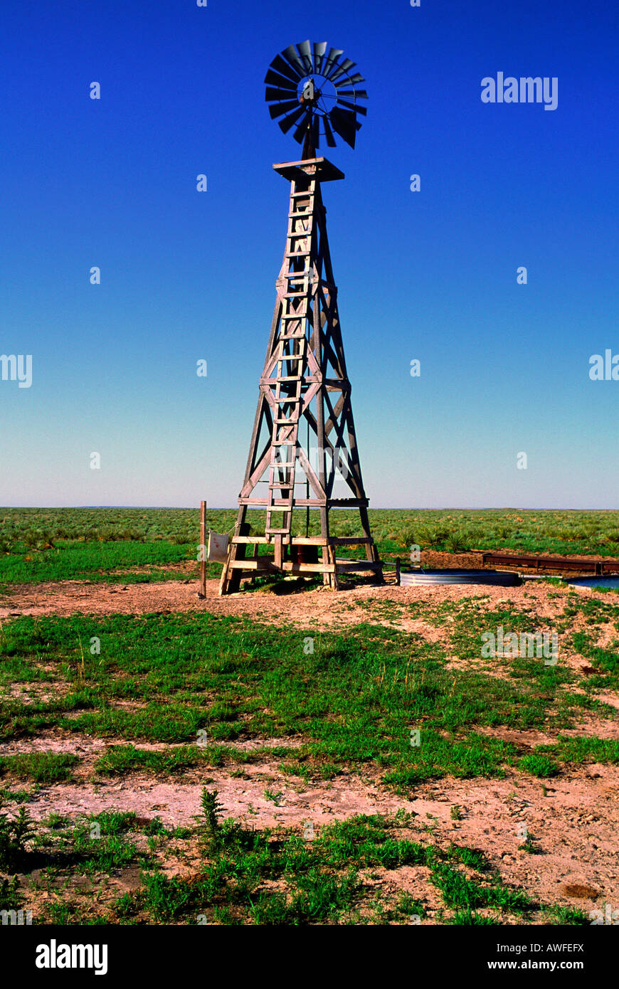 A wooden windmill pumps water to a cattle watering station in the Texas
