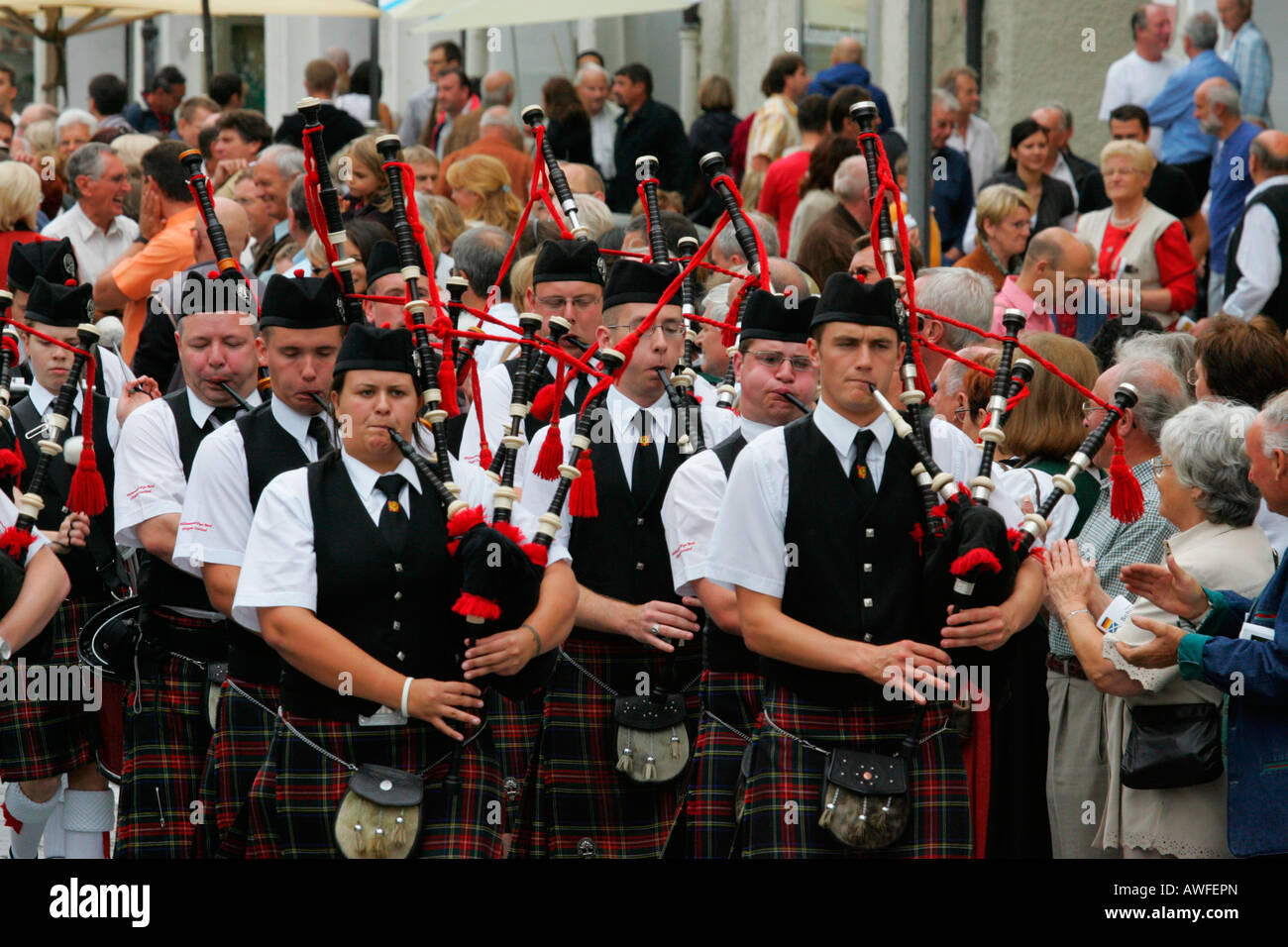 Scottish bagpipe band at an international festival for traditional