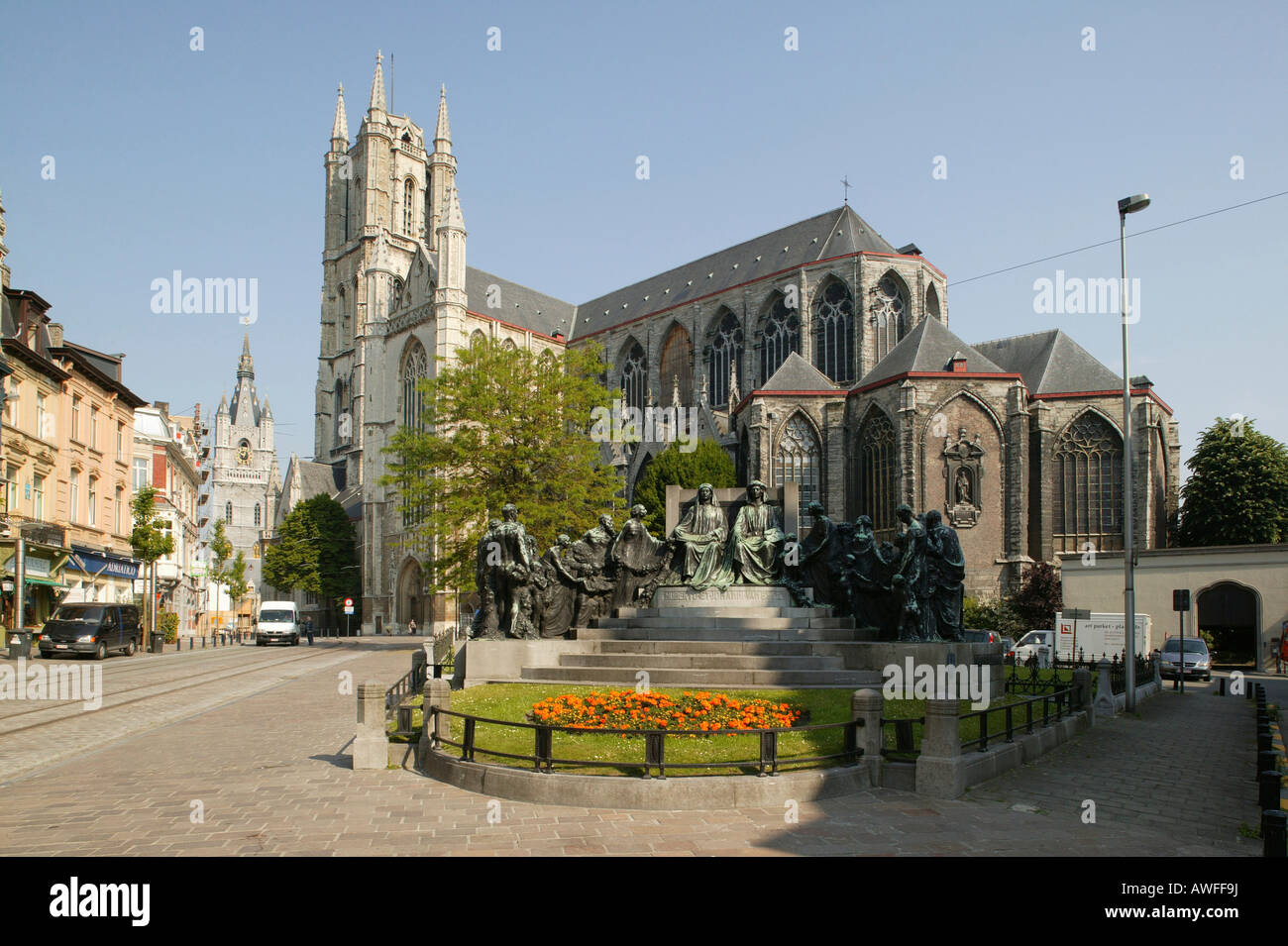 Van Eyck Brothers Memorial, St. Bave Cathedral, Belfried Tower, Ghent, East Flanders, Belgium, Europe Stock Photo