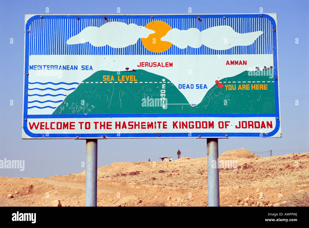 Sign at sea level between Amman and the Dead Sea, Jordan Stock Photo - Alamy