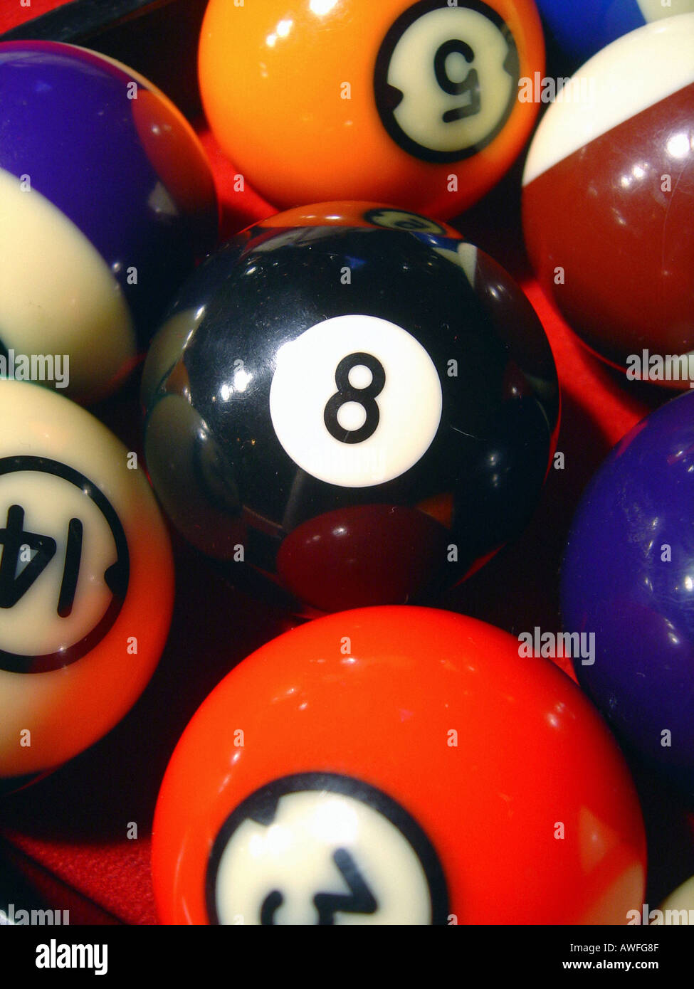 Closeup Still Life of Pool Balls Including 8 Ball Stock Photo