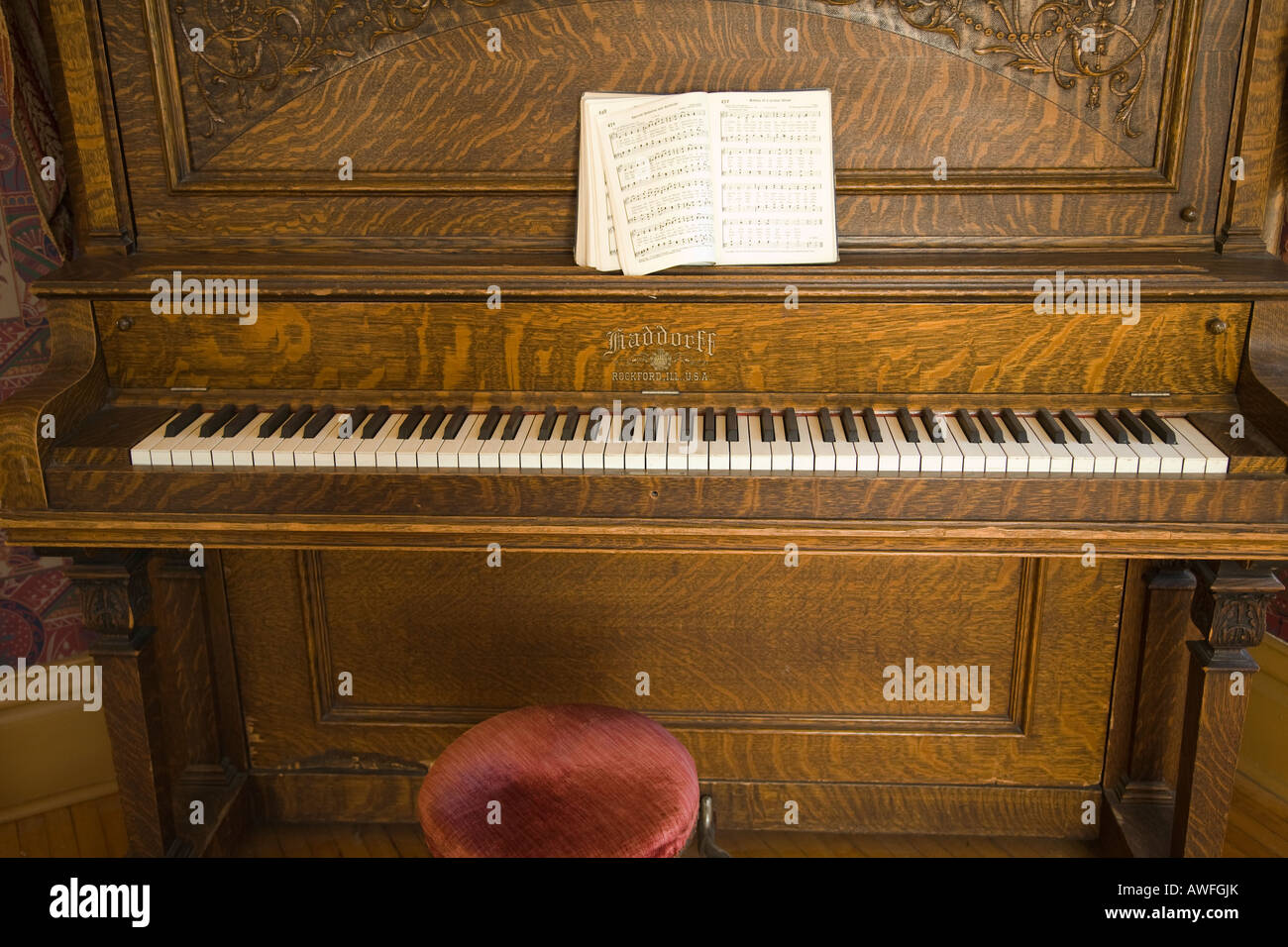 ILLINOIS Rockford Music book on wooden piano keyboard on musical instrument Stock Photo