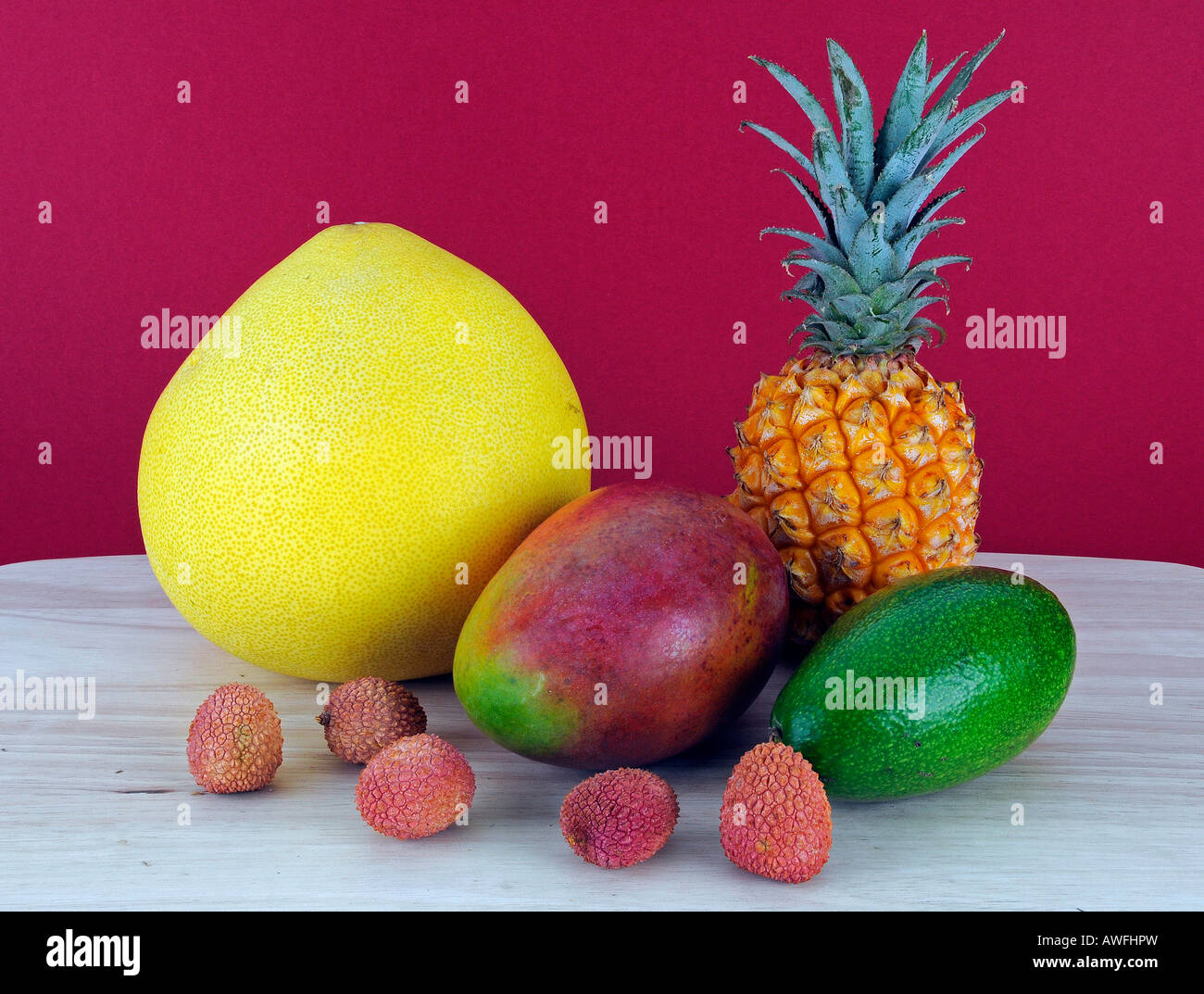 Exotic fruits, Pomelo, Pineapple, Mango, Avocado, Lychee Stock Photo