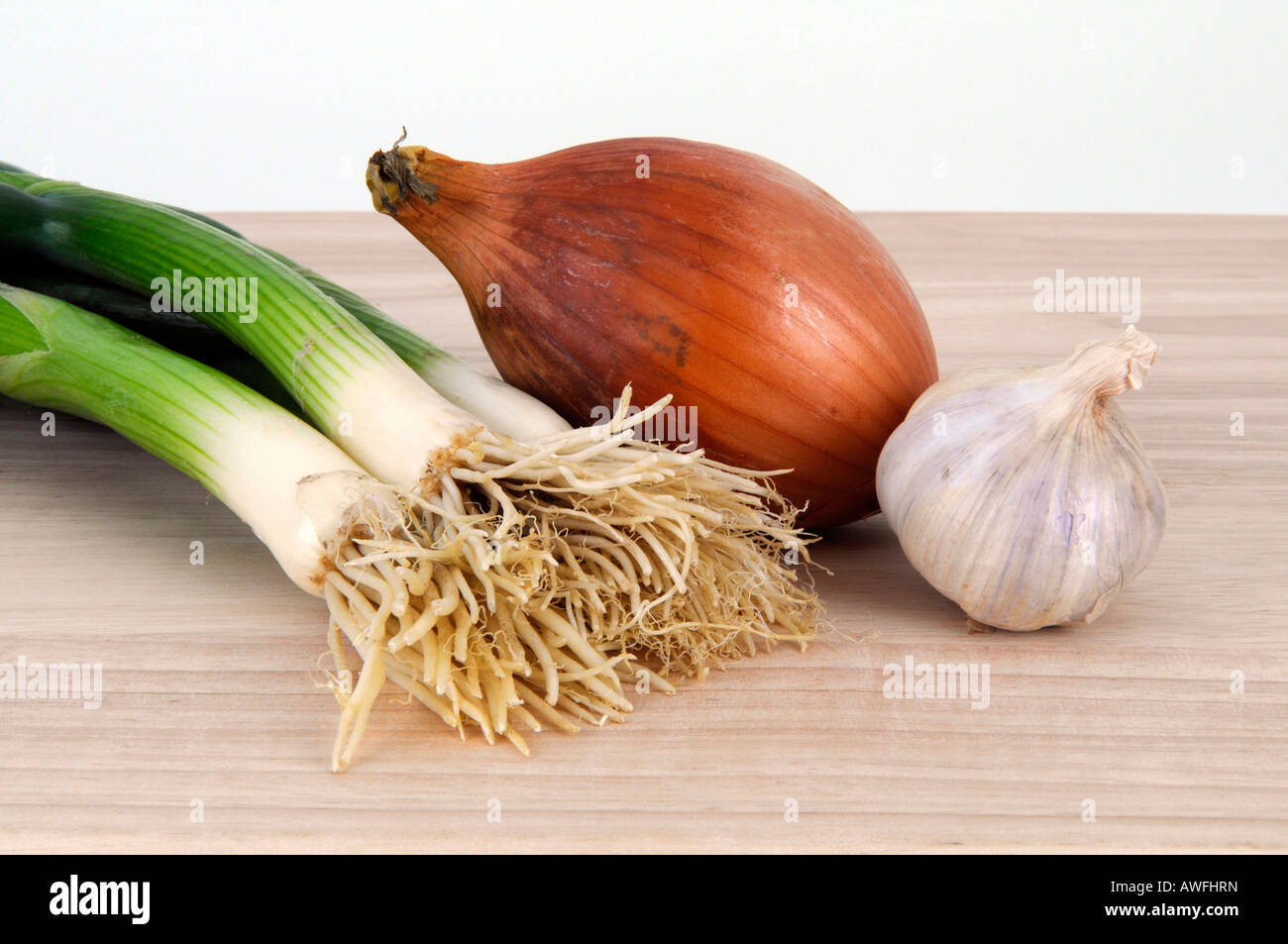 Spring onion, onions, garlic Stock Photo