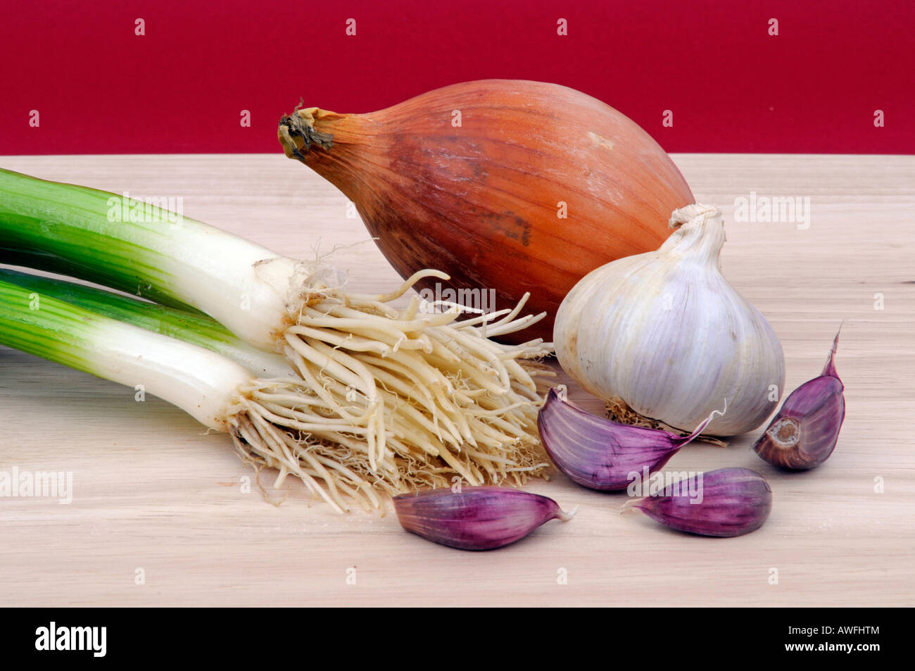 Spring onion, onions, garlic Stock Photo