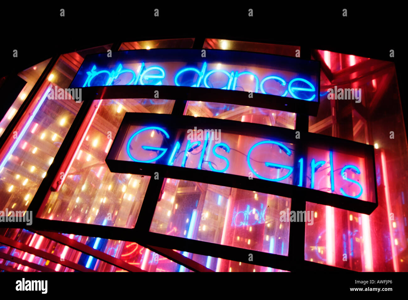neon lights - Hamburg, St Pauli, Reeperbahn at night, Germany, Europe, Tabledance club Stock Photo