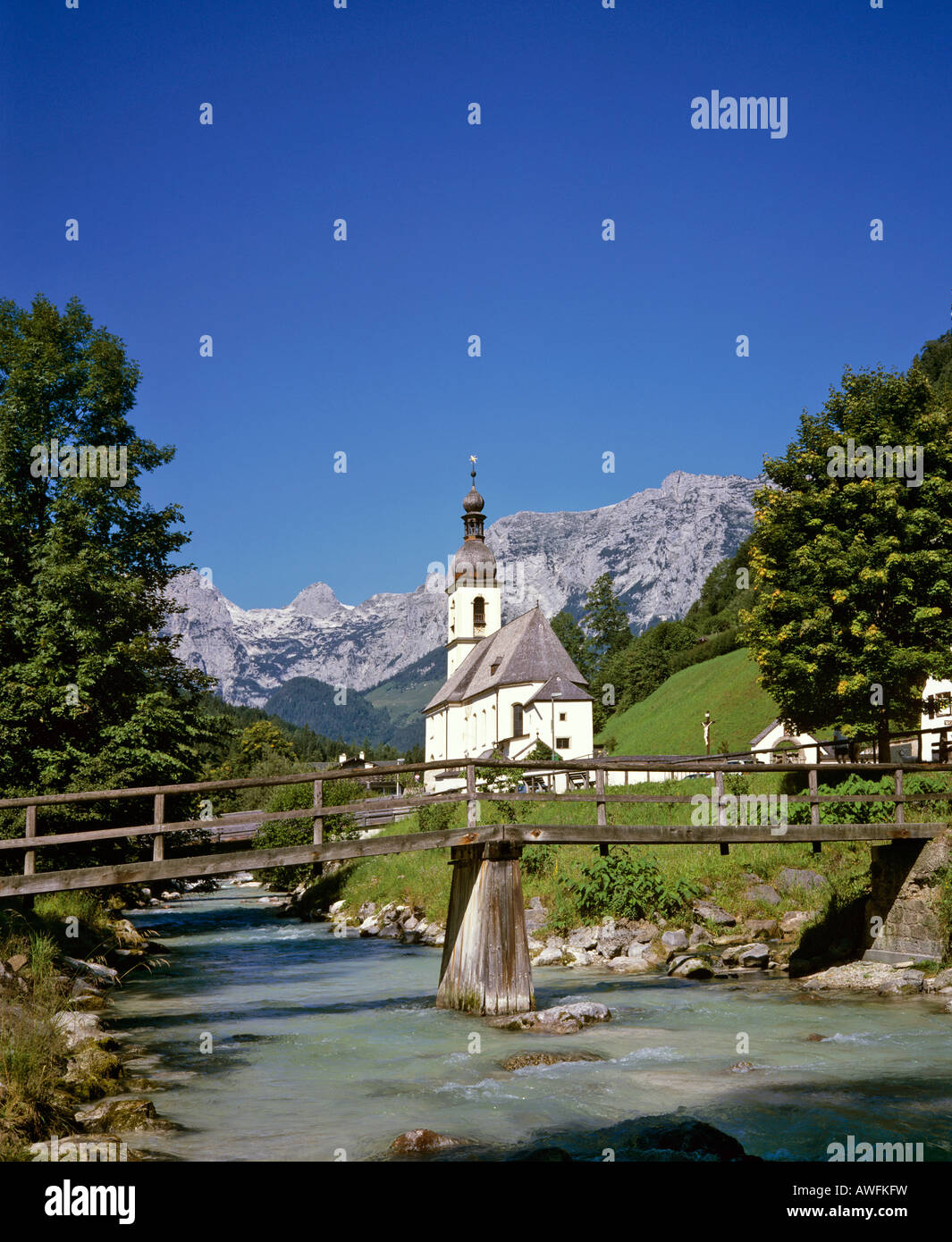St. Sebastian's Church and Ramsauer Ache River, Ramsau, Berchtesgadener Land region, Upper Bavaria, Bavaria, Germany, Europe Stock Photo