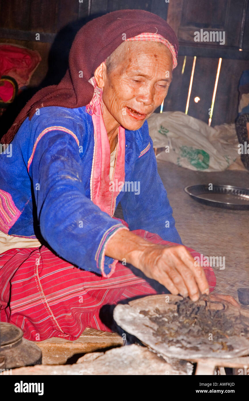 Stock photograph of an old woman of the Palaung hill tribe at Yar Thait village near Kalaw in Myanmar Stock Photo
