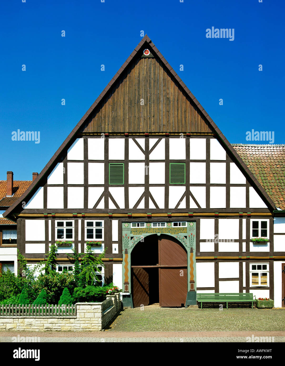 Fachwerk-style house with inscribed archway, North Rhine-Westphalia, Germany, Europe Stock Photo