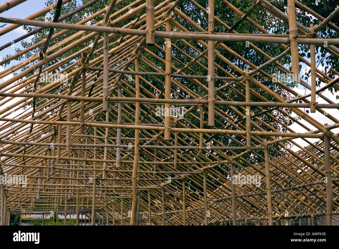 Stock photograph of hand tied bamboo frame for a temporary shelter in Myanmar Stock Photo