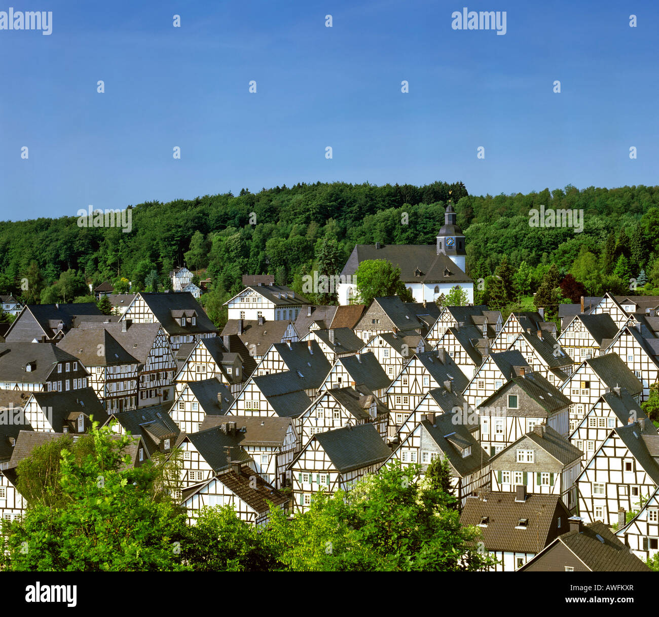 Fachwerk-style houses in the historic centre of the town of Freudenberg, North Rhine-Westphalia, Germany, Europe Stock Photo