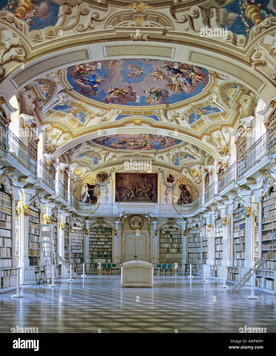 Ceiling frescoes in the largest monastic library (1766) in the world at Admont Abbey, Benedictine monastery in Liexen, Styria,  Stock Photo