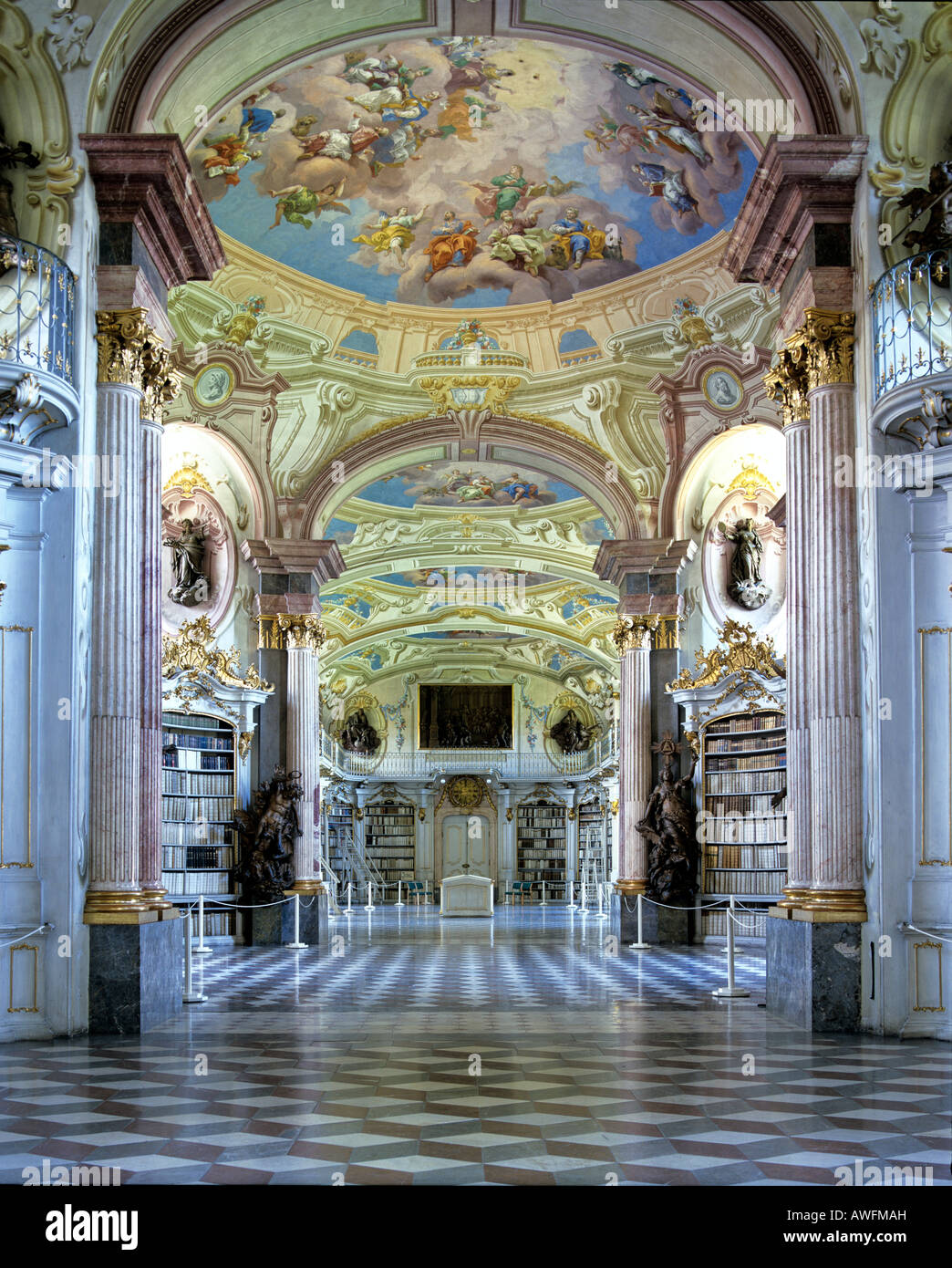 Ceiling frescoes in the largest monastic library (1766) in the world at Admont Abbey, Benedictine monastery in Liexen, Styria,  Stock Photo