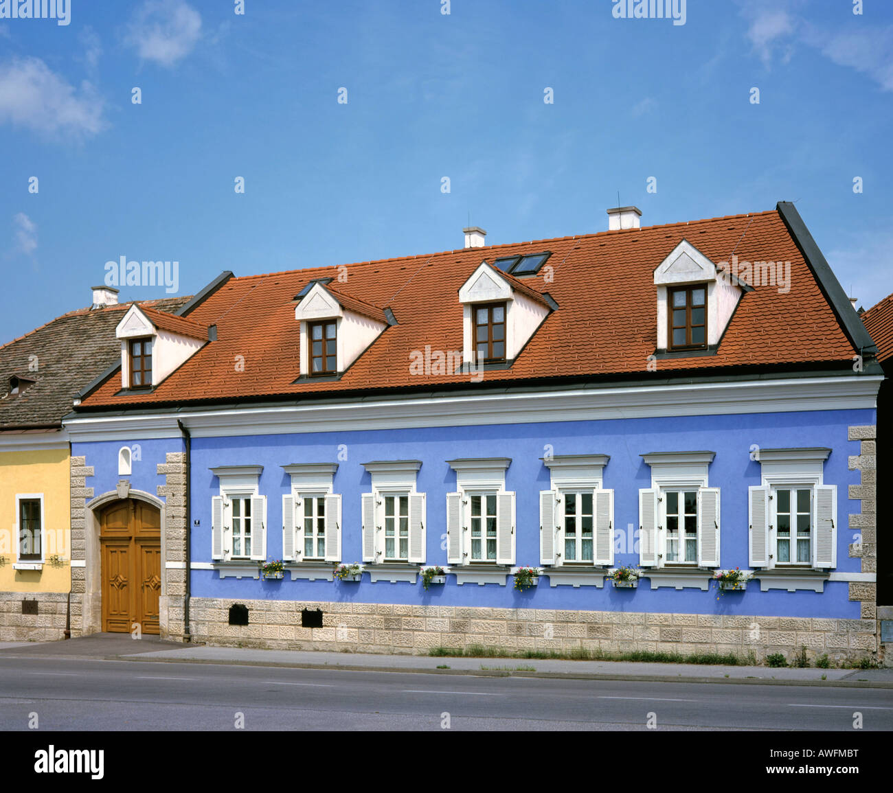 Blue house facade, St. Margarethen, Burgenland, Austria, Europe Stock Photo