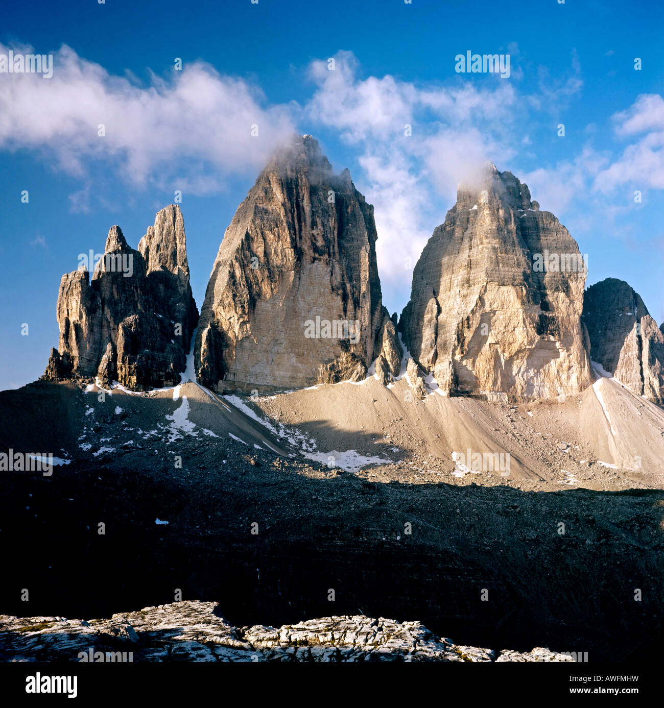 Tre Cime di Lavaredo peaks, Dolomites, Bolzano-Bozen (South Tirol), Italy, Europe Stock Photo