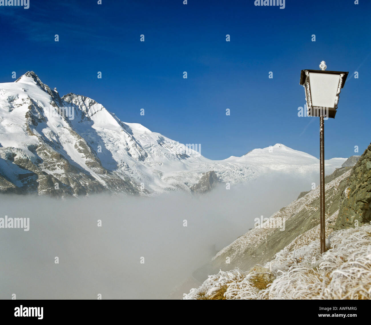 Lantern, Mt. Grossglockner, fog over Pasterze Glacier, Hohe Tauern Range, Carinthia, Austria, Europe Stock Photo