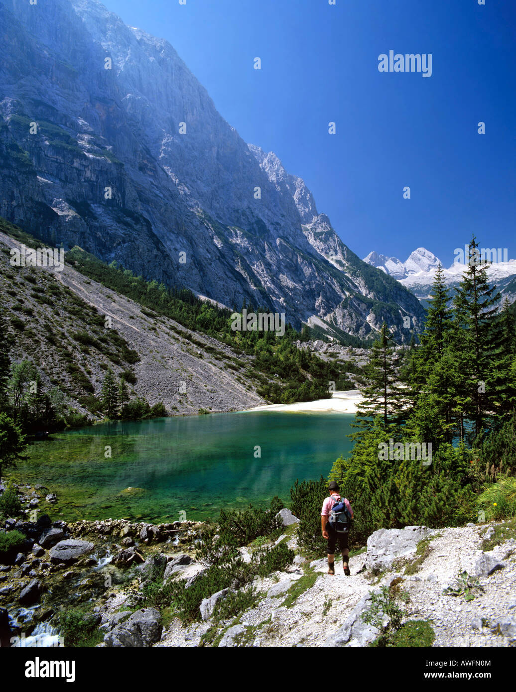 Hiker standing in front of the Blaue Gumpe alpine lake, Wetterstein Range, Upper Bavaria, Bavaria, Germany, Europe Stock Photo