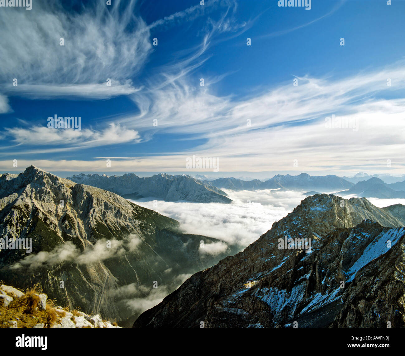 Pleissenspitze peak (left) and Mt. Brunnstein (right), Karwendel Range, Upper Bavaria, Bavaria, Germany, Europe Stock Photo