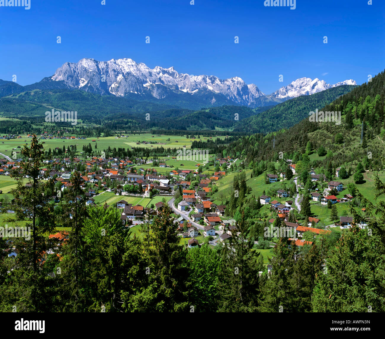 Panoramic view of the Wetterstein Range, Isartal (Isar Valley), Wallgau, Upper Bavaria, Bavaria, Germany, Europe Stock Photo