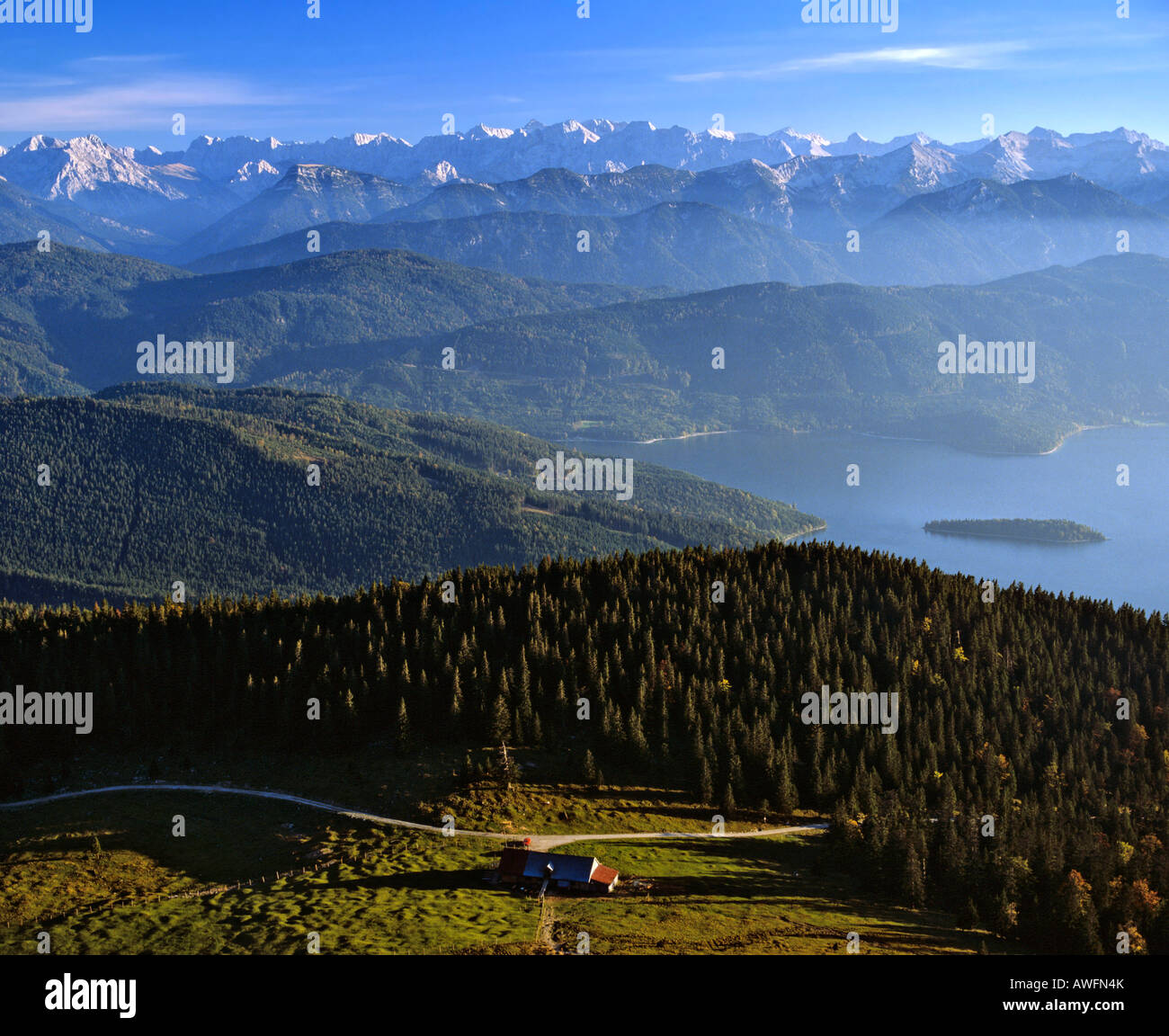 Walchensee Lake and Jocheralm alpine pasture seen from Mt. Jochberg, Karwendel Range, Upper Bavaria, Bavaria, Germany, Europe Stock Photo