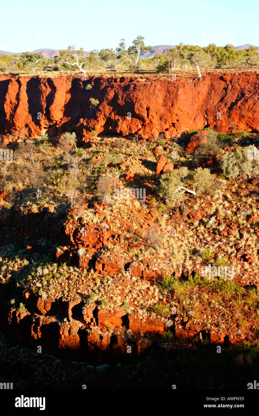 Beautiful red soil and light green Spinifex plants around gorges of Karijini National Park near Tom Price, Western Australia Stock Photo