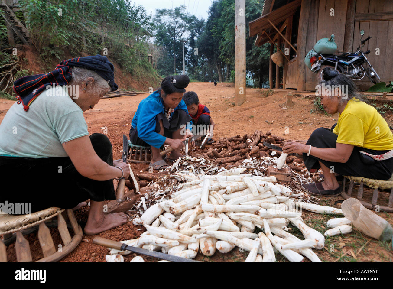 Women peeling cassava roots, mountain village Chien Koi, Son La Province, Vietnam, Asia Stock Photo