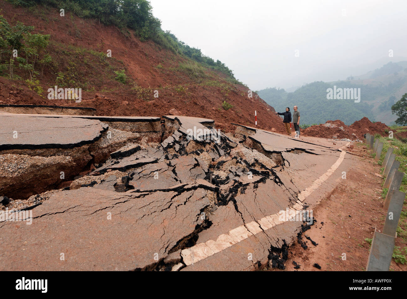 Damages after landslide on the street between Mok Chau and Yen Chau, Son La Province, Vietnam, Asia Stock Photo