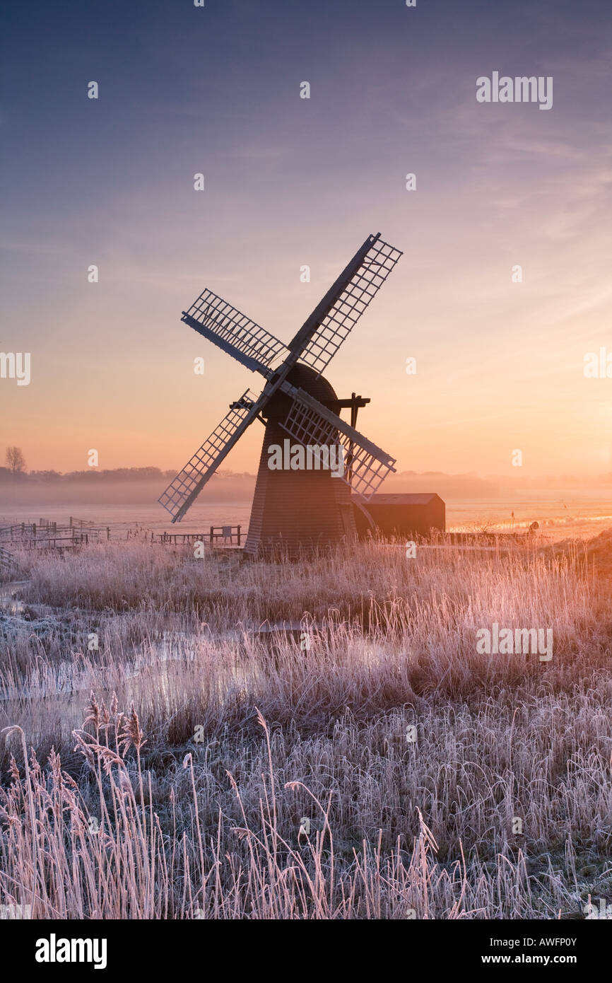Cold Hoar Frosted sunrise at Herringfleet windmill on the Norfolk ...