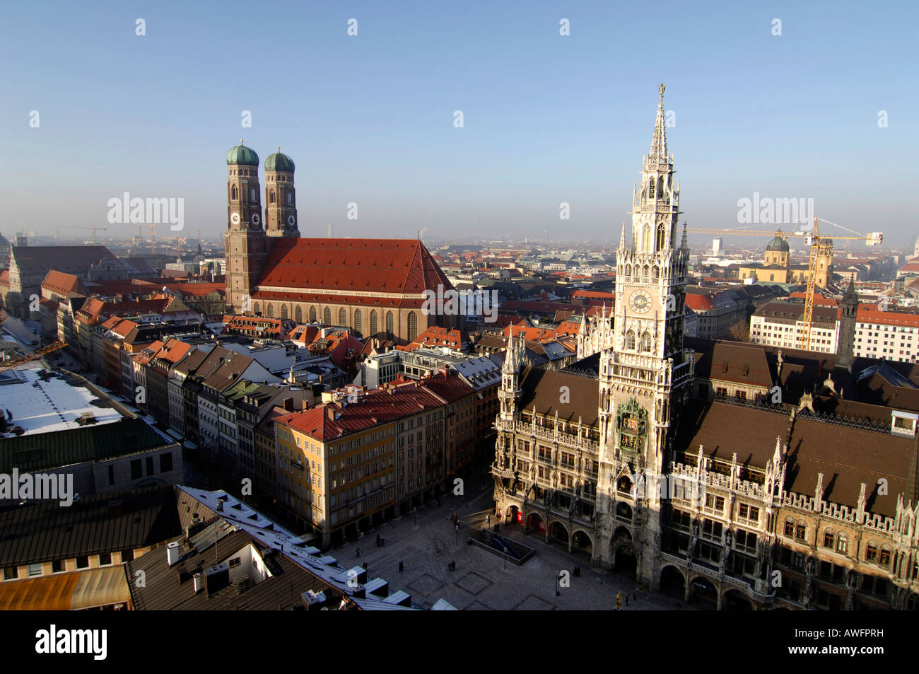 Long shot of Munich featuring the Frauenkirche (church), city hall and the Marienplatz (square), Munich, Bavaria, Germany, Euro Stock Photo