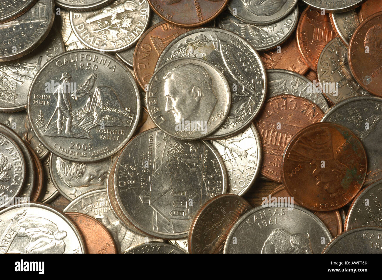 Coins state quarter penny dimes money economics bank banking USA Stock Photo