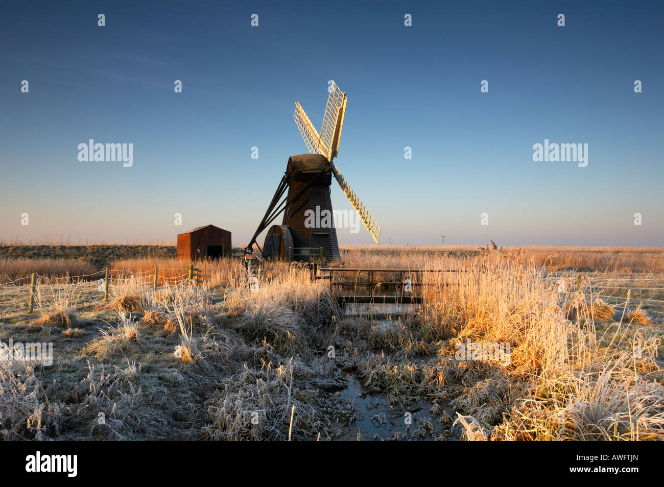 Cold Hoar Frosted sunrise at Herringfleet windmill on the Norfolk & Suffolk Broads Stock Photo