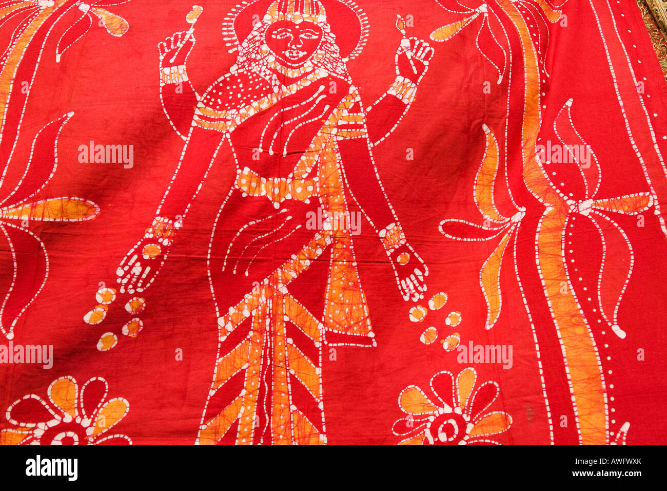 CALIFORNIA Santa Barbara Colorful pattern and design on red Indian fabric woman and trees Stock Photo