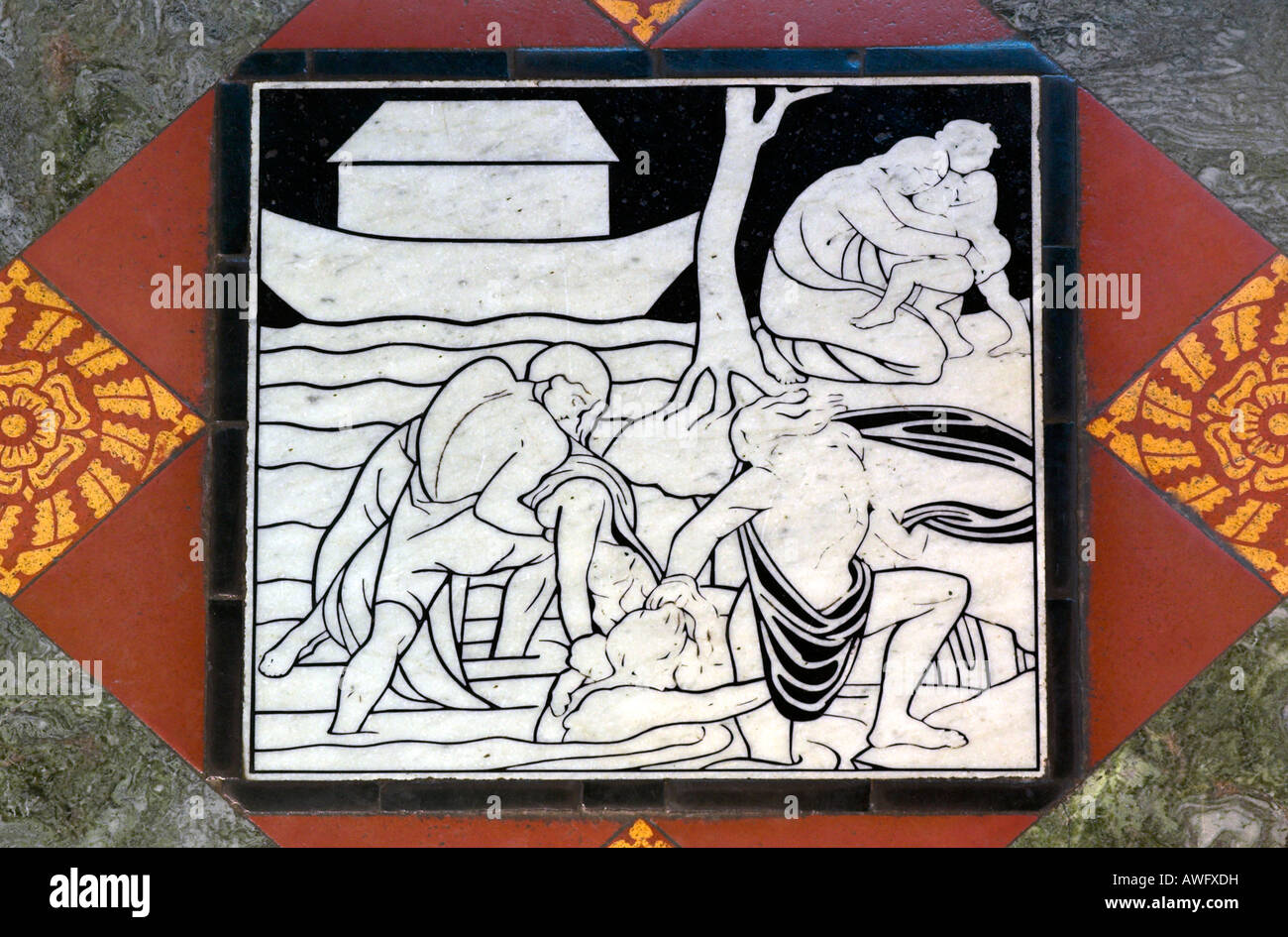 A floor tile in Gloucester Cathedral depicting Noahs Ark and the Flood Stock Photo