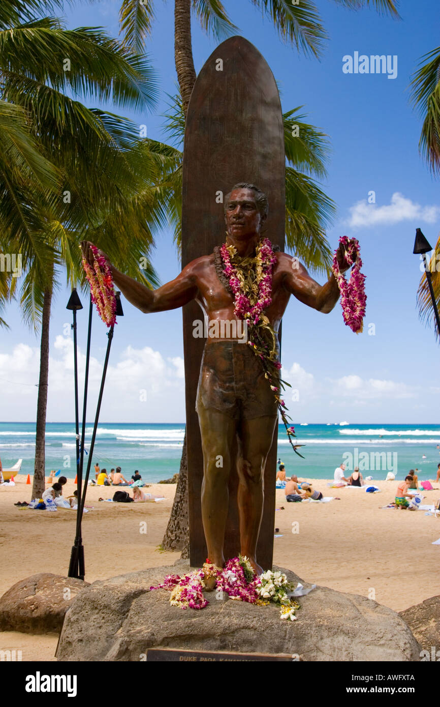 Statue of  Duke Paoa Kahanamoku Waikiki Beach O'ahu Hawaiian Islands Stock Photo