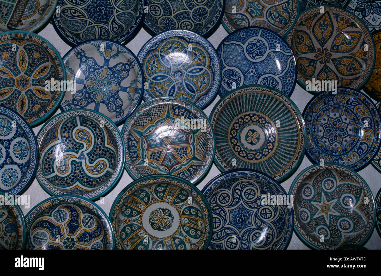 Plates in the Potters Souk near Djemaa El Fna, Marrakesh, Morocco. Stock Photo