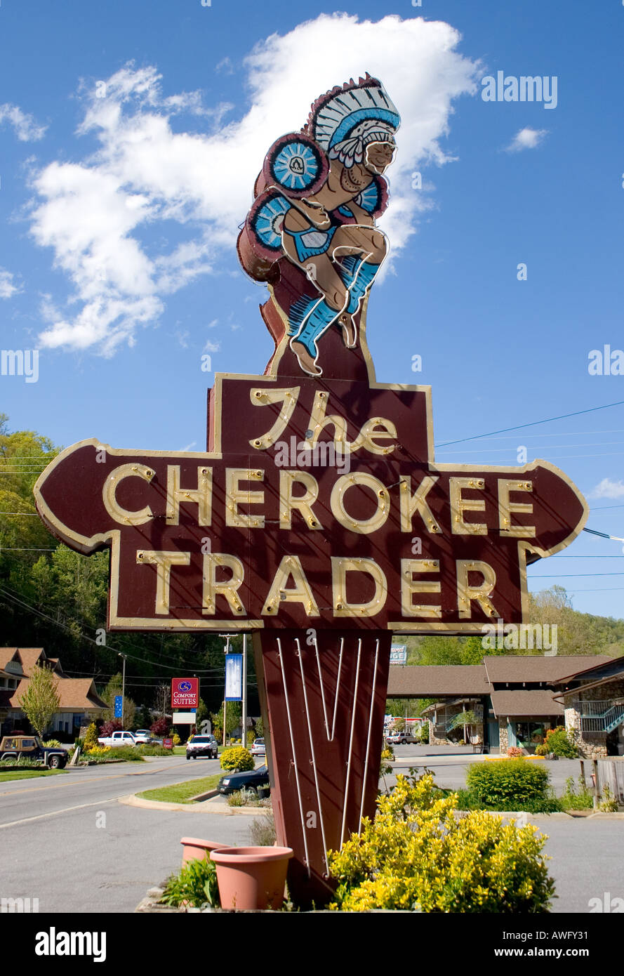 The Cherokee Trader sign at a gift shop in the Smoky Mountains in Cherokee North Carolina Stock Photo