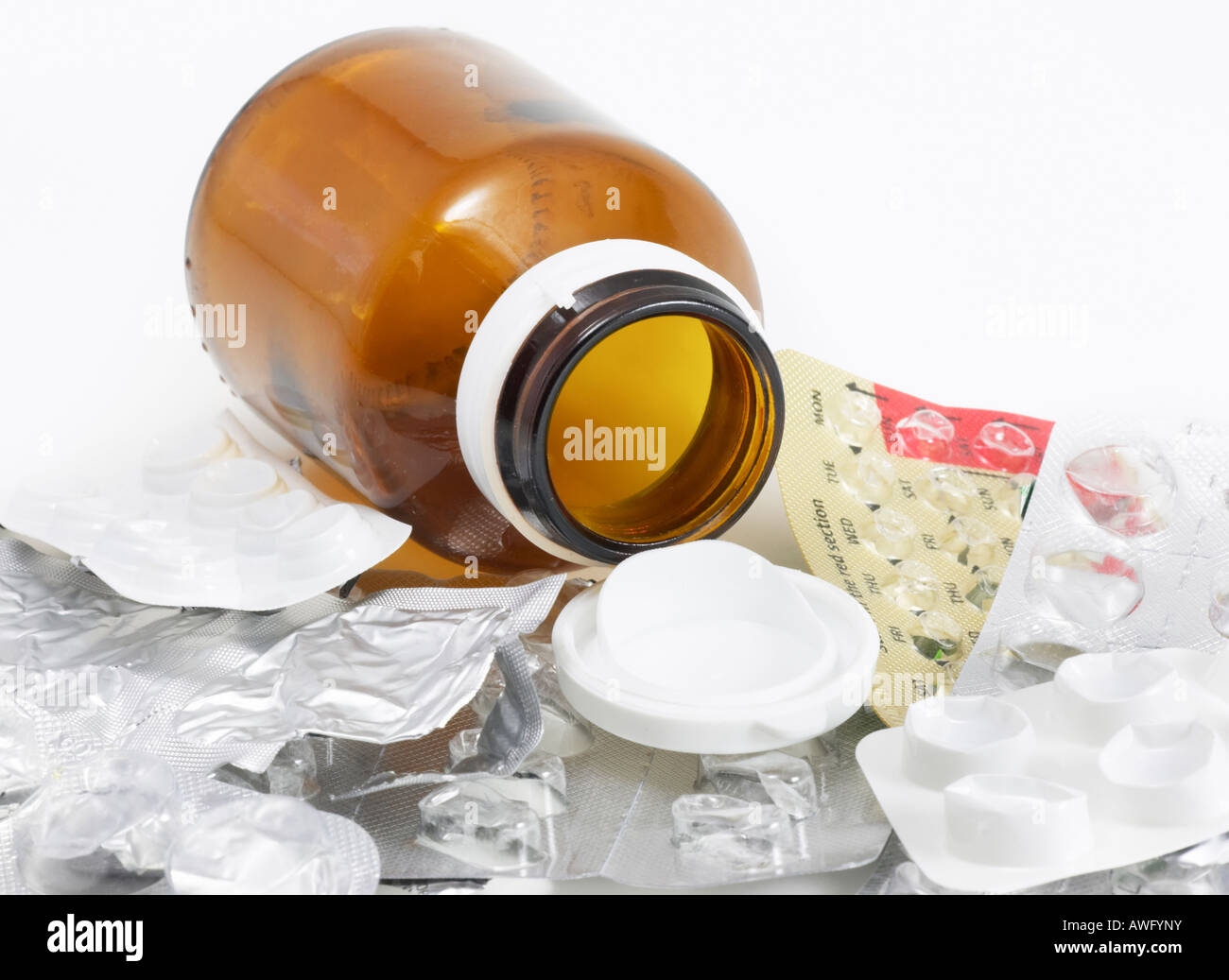 Empty pill bottle and empty blister packs Stock Photo Alamy