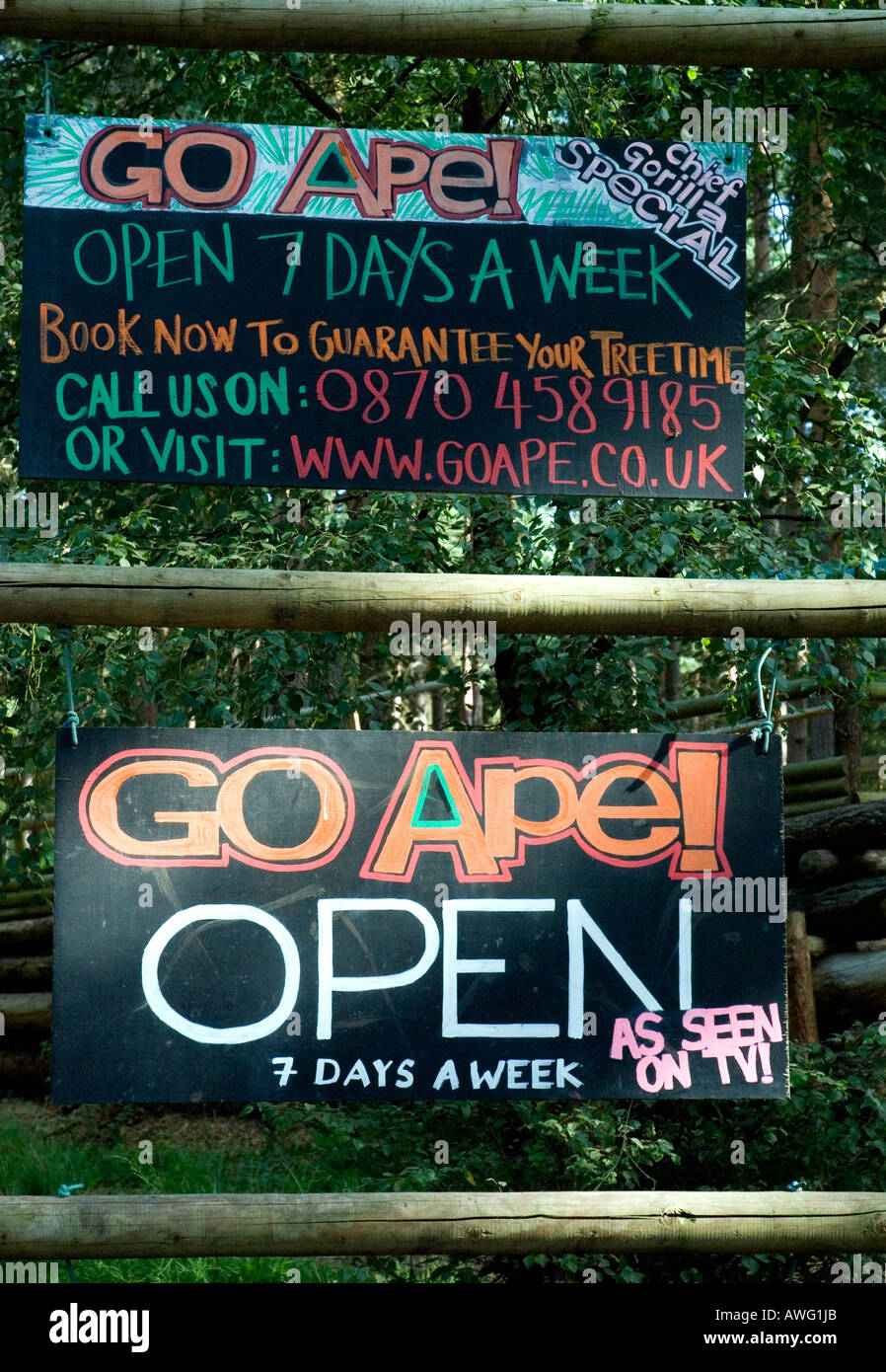 sign for Go Ape forest adventure course Swinley Forest Bracknell Berkshire southern England Britain UK Europe EU Stock Photo