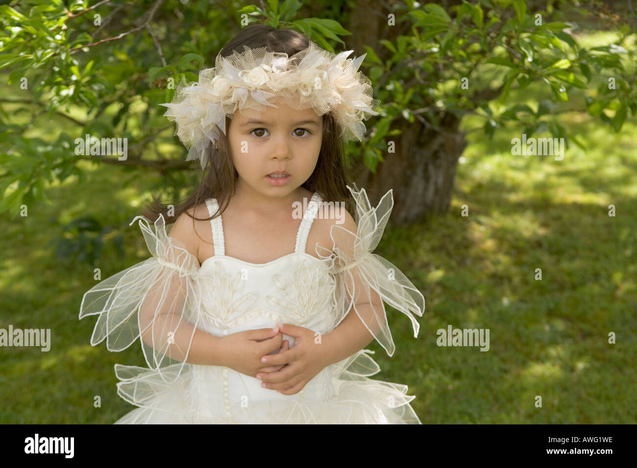 Little girl aged 3 in a bridesmaid dress beneath a tree on a green grass lawn Stock Photo