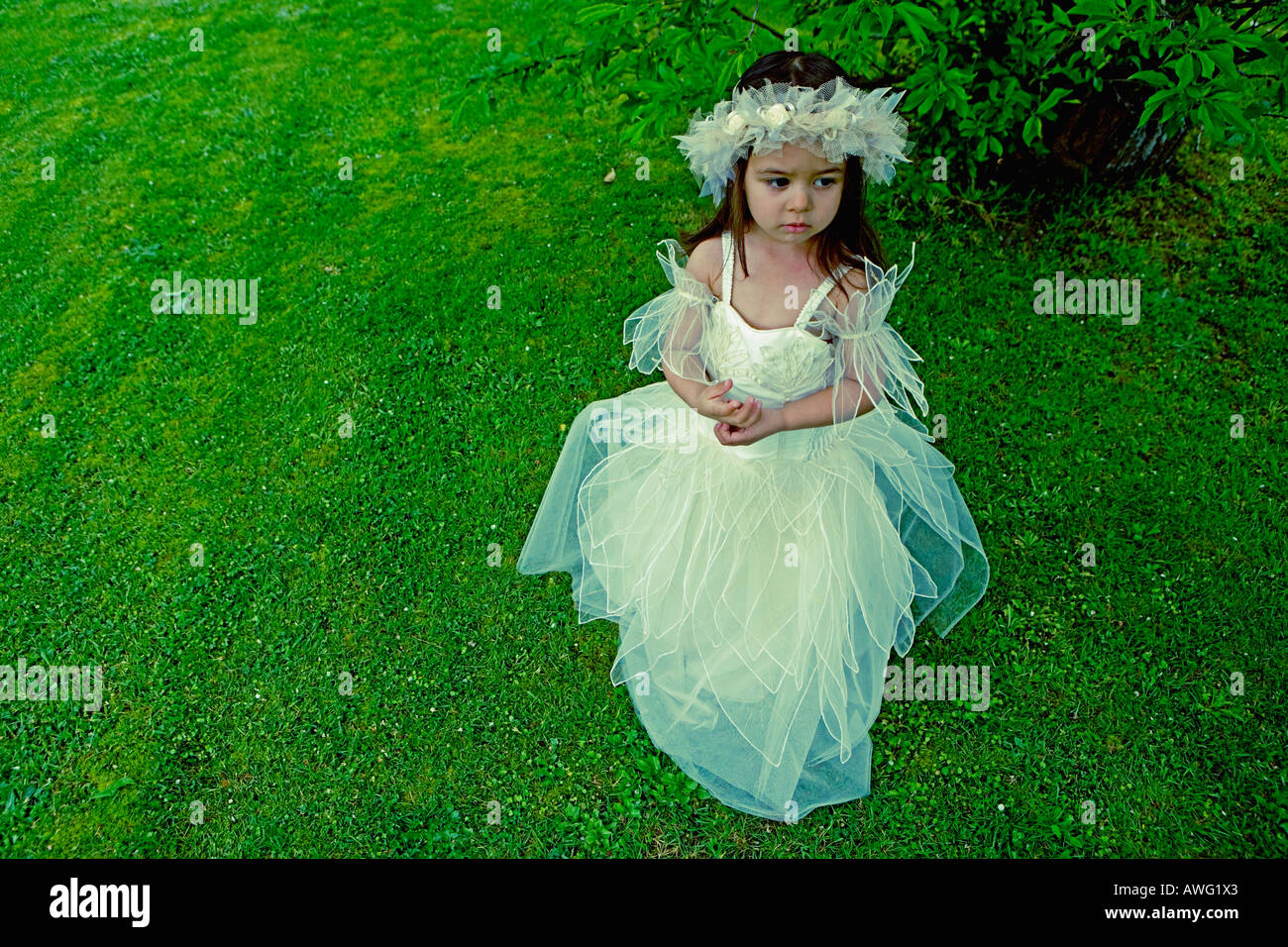Little girl aged 3 in a bridesmaid dress beneath a tree on a green grass lawn Stock Photo