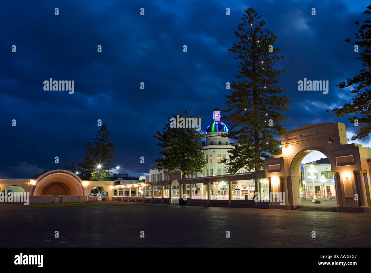 Napier, New Zealand. Promenade with art deco clock tower and soundshell