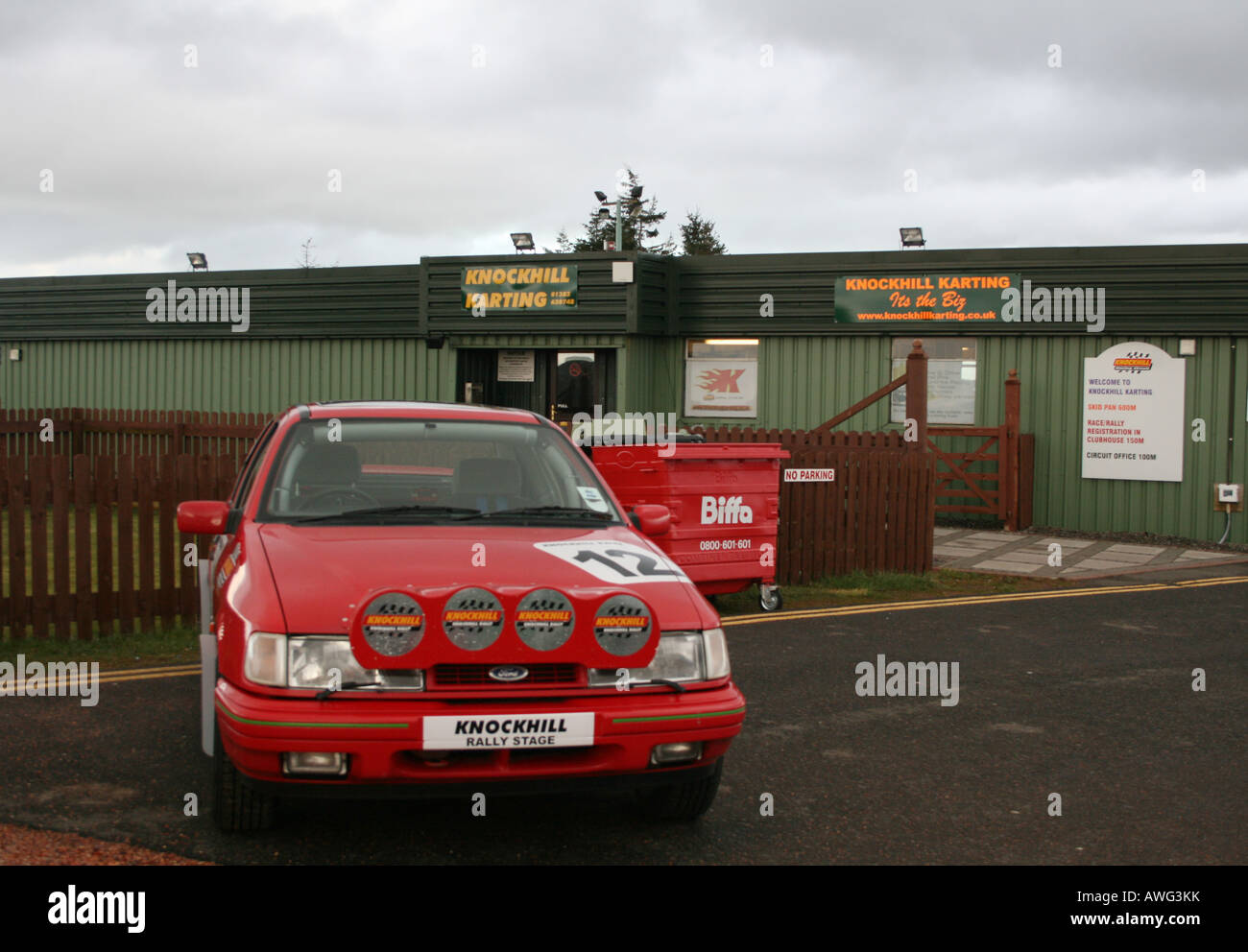exterior view of Knockhill karting with rally car Fife Scotland March