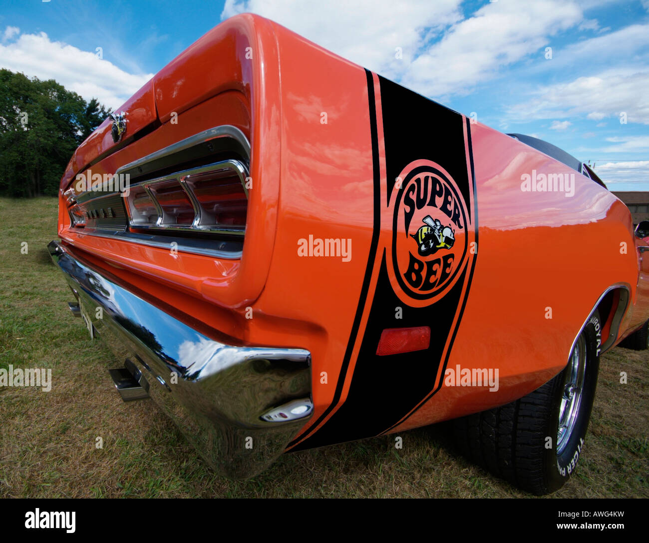 Wide angle shot of the logo for an orange 1969 Dodge Superbee, mid-century Stock Photo