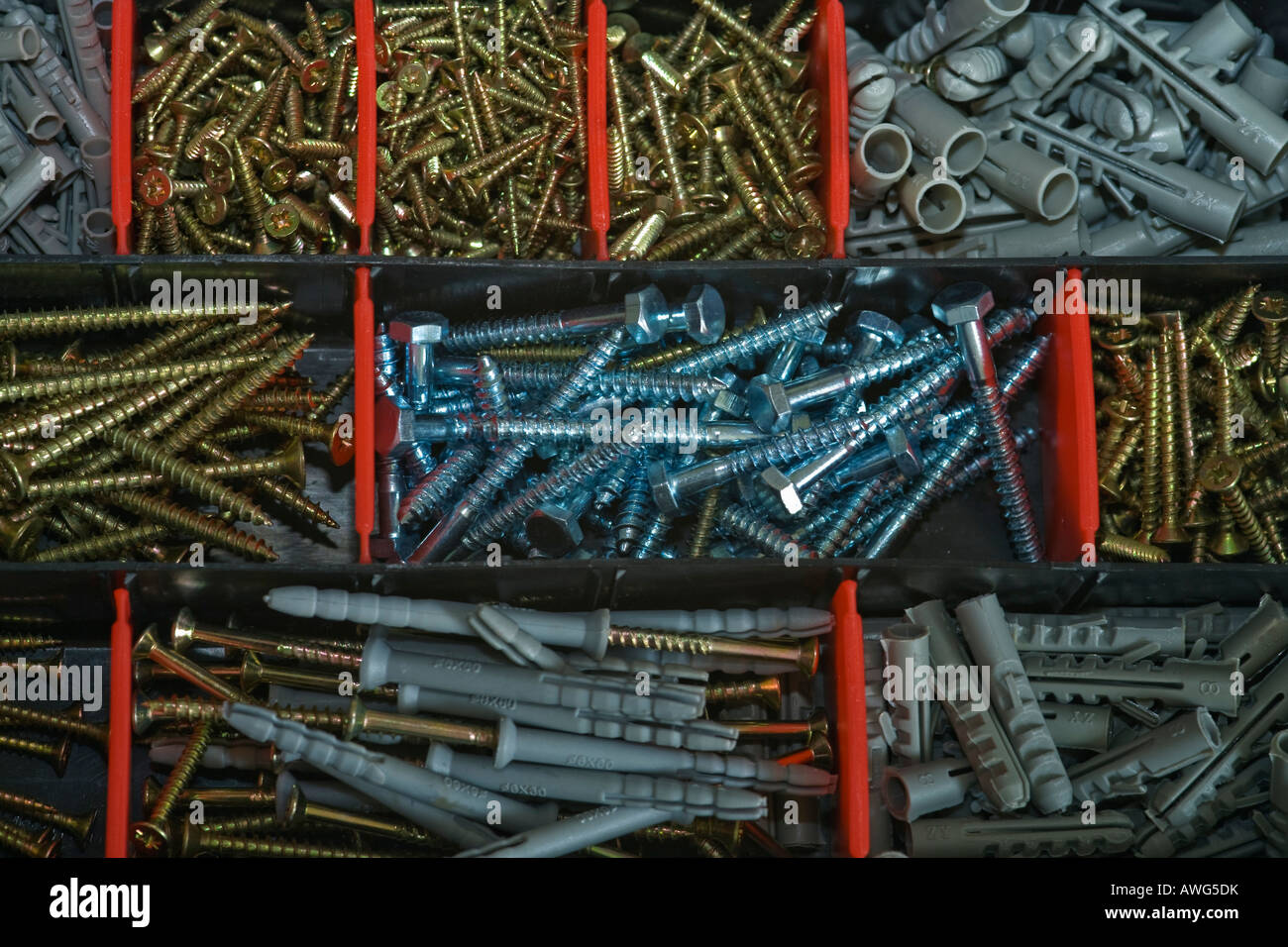 Box of screws and rawl plugs Stock Photo Alamy